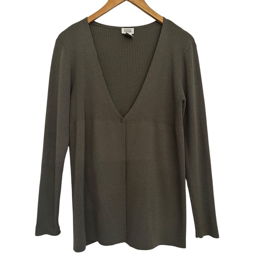 Eileen Fisher Womens Small 100% Wool Single Button Ribbed‎ Cardigan Olive Green
